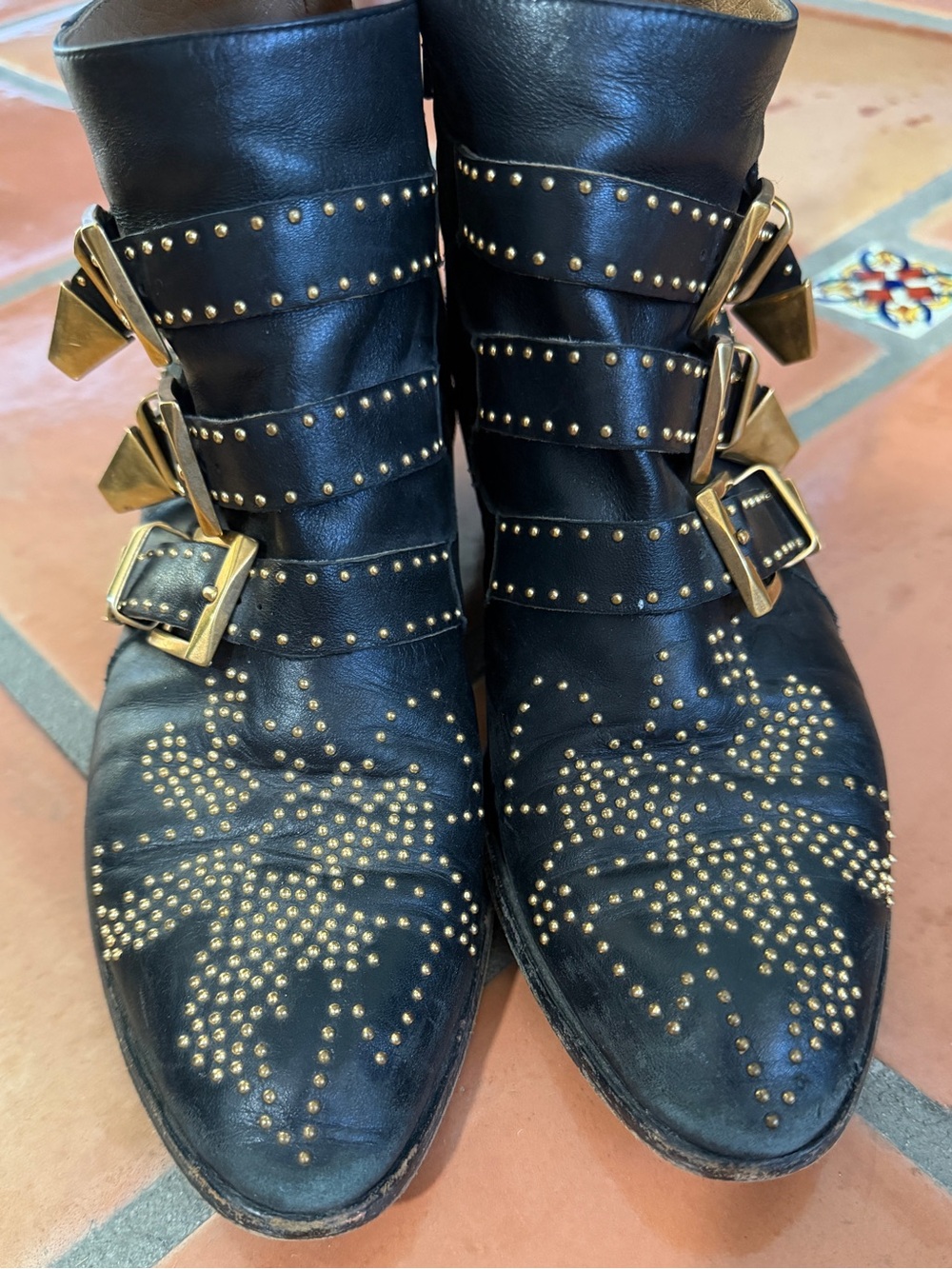 Chloè Chelsea Black Studded Ankle Boots with Gold Buckles - Women - Picture 8 of 9